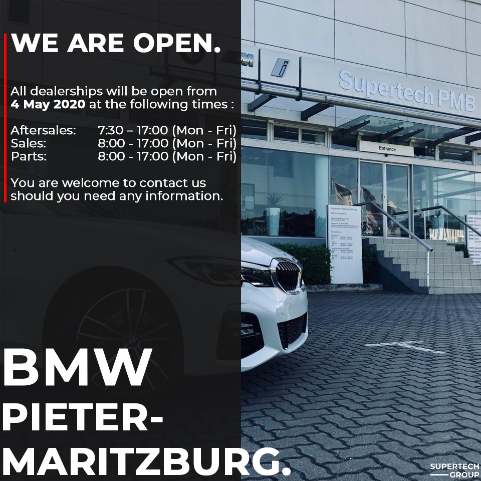Supertech_Group's tweet photo. #BMWPietermaritzburg is Open from tomorrow, feel free to contact us should you need any assistance. 

Tel : 033 897 8800
Email: jasmin.suraj@@supertechgroup.co.za https://t.co/dp8vPLAdlo