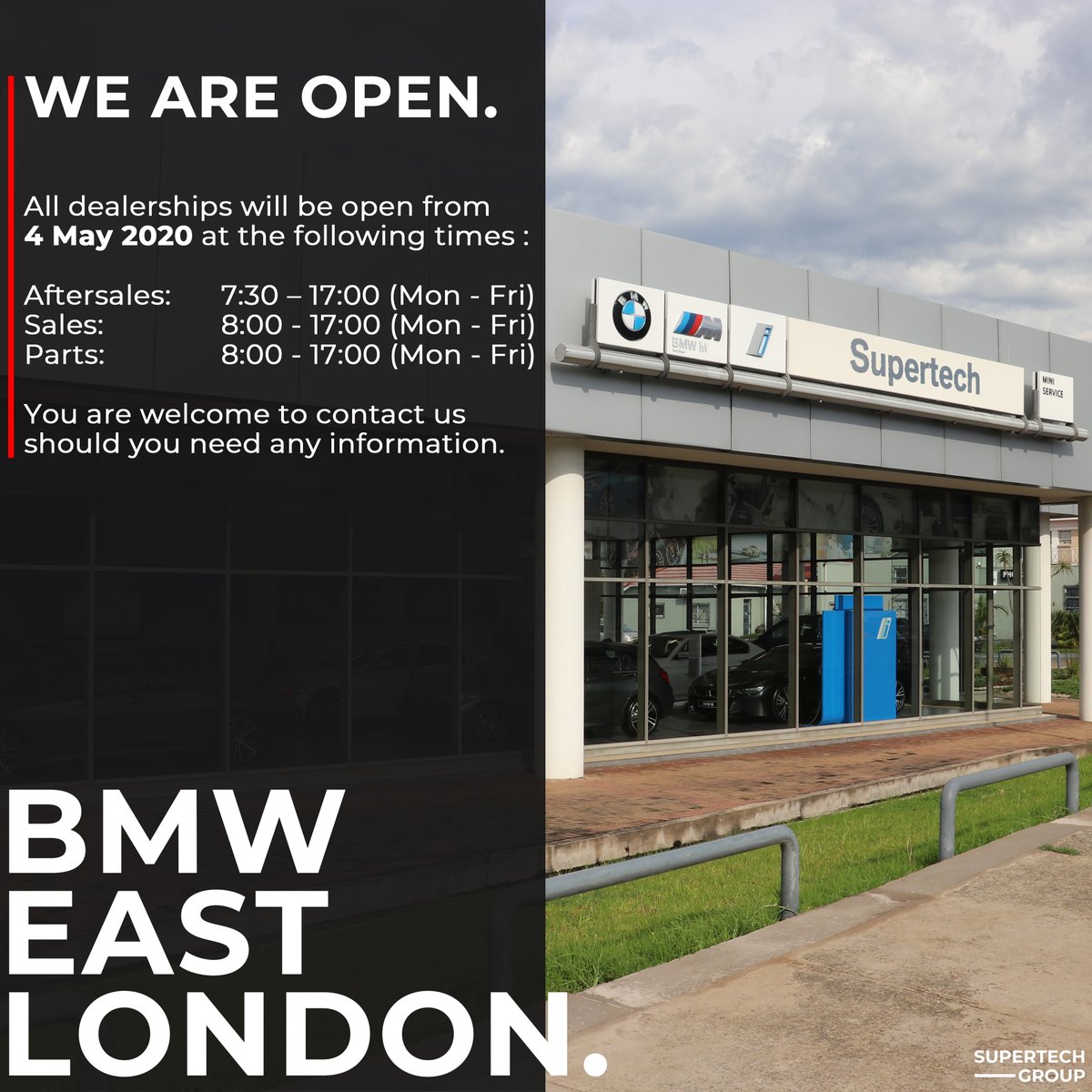 Supertech_Group's tweet photo. #BMWEastLondon is Open from tomorrow, feel free to contact us should you need any assistance. 

Tel : 043 726 8730
Email: jasmin.suraj@@supertechgroup.co.za https://t.co/edz2wwUzQG