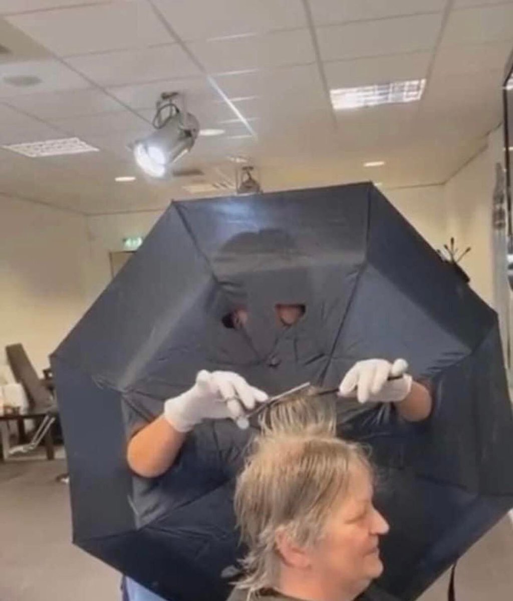 djargent2003's tweet photo. ☂️ There is something utterly #creepy about this reaction to #SocialDistancing requirements by a #hairdresser...         #lockdown #badhairday #hair #COVIDIOTS #coronavirusuk https://t.co/VMBHcMUGBJ