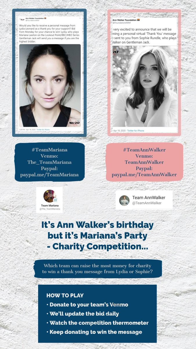 UPDATE::  #TeamAnnWalker is on 🔥🔥 PayPal and Venmo!!!  Right now we are at $441    We need at least $525 to make the next bid.  Donate to your #Team  

#TeamMariana
#TeamAnnWalker

@FoundationAWM