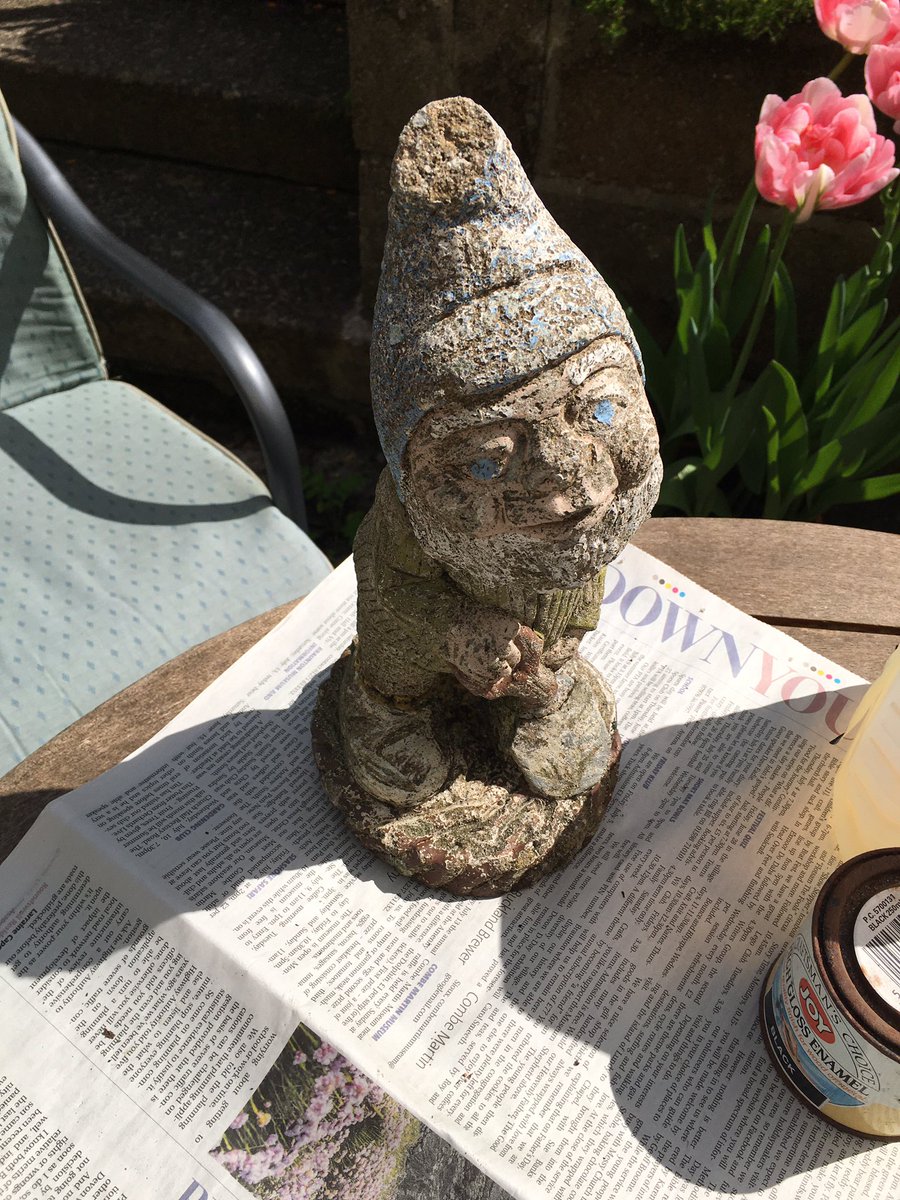 spillholder's tweet photo. @Humbrol lockdown activity - giving the ancient garden gnome the full Big Ears treatment. Using just rediscovered 50-55 year old Humbrol/Airfix enamels! Still fine! Before and after. https://t.co/pYmqNbgaLC