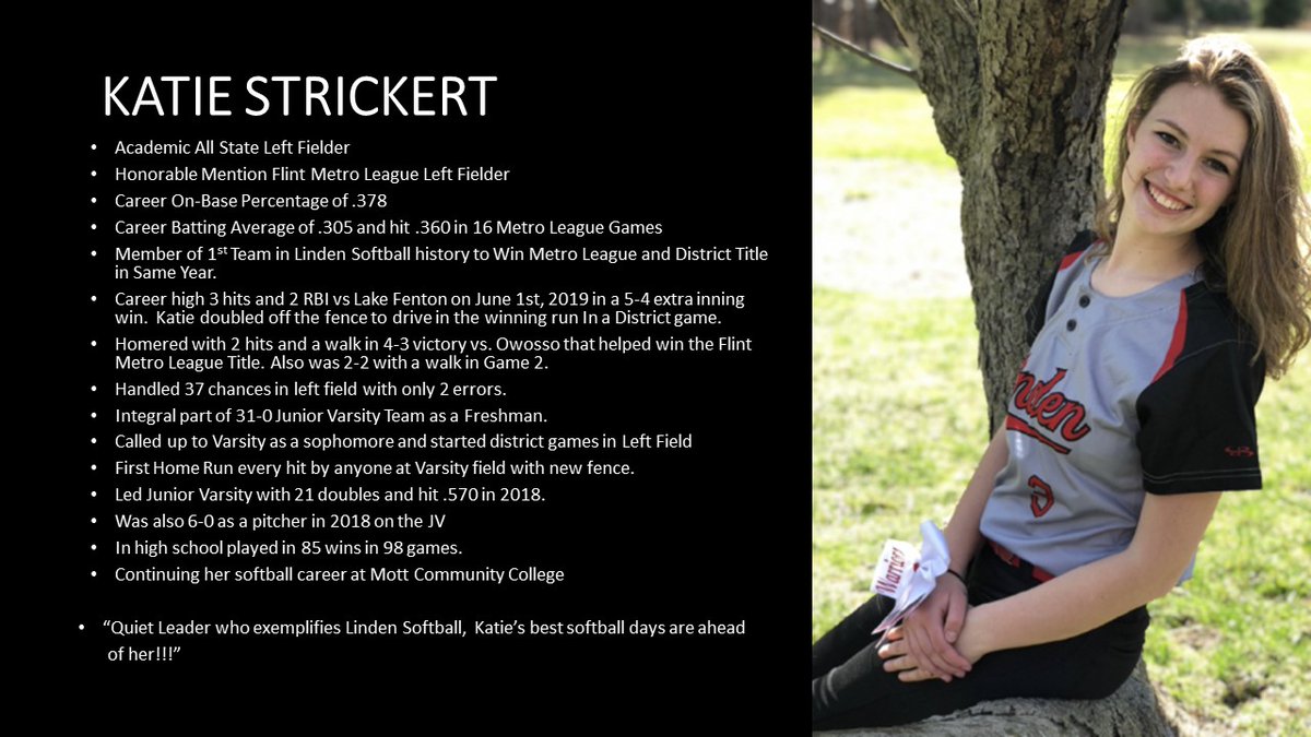 Linden Softball (@linden_softball) on Twitter photo SENIOR SPOTLIGHT - KATIE STRICKERT - LEFTFIELDER
Congratulations and good luck next year playing leftfield at Mott!!!!
<a href="/mott_softball/">Mott Softball</a> <a href="/JeannineStricke/">Jeannine Strickert</a> <a href="/Linden_Softball/">Linden Softball</a> <a href="/lindeneagle/">Russell Ciesielski</a> <a href="/LindenSchools/">Linden Schools</a> SENIOR SPOTLIGHT - KATIE STRICKERT - LEFTFIELDER
Congratulations and good luck next year playing leftfield at Mott!!!!
<a href="/mott_softball/">Mott Softball</a> <a href="/JeannineStricke/">Jeannine Strickert</a> <a href="/Linden_Softball/">Linden Softball</a> <a href="/lindeneagle/">Russell Ciesielski</a> <a href="/LindenSchools/">Linden Schools</a>