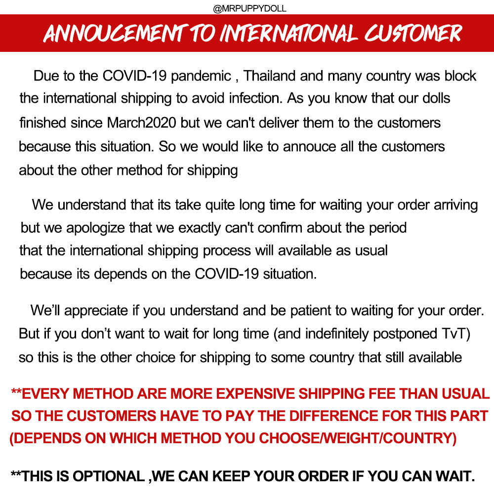 MRPUPPYDOLL's tweet photo. *IMPORTANT ANNOUNCEMENT TO INTERNATIONAL CUSTOMERS* Due to the Covid-19 pandemic that make the shipping was delayed , This is the solution that we suggest to you. Please carefully read and DM us if you have any decision❤️ https://t.co/srlIzPUOX8