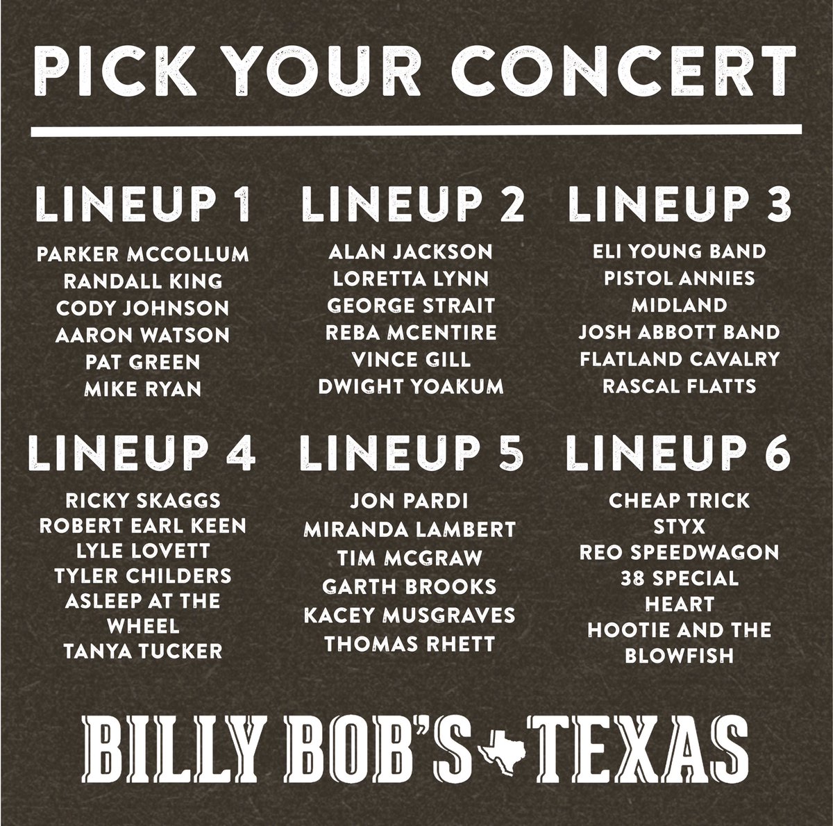 BillyBobsTexas's tweet photo. We miss live music and we miss you! ❤️ Which dream lineup would you choose as your first concert back at Billy Bob’s Texas? https://t.co/R7GheNFJRv