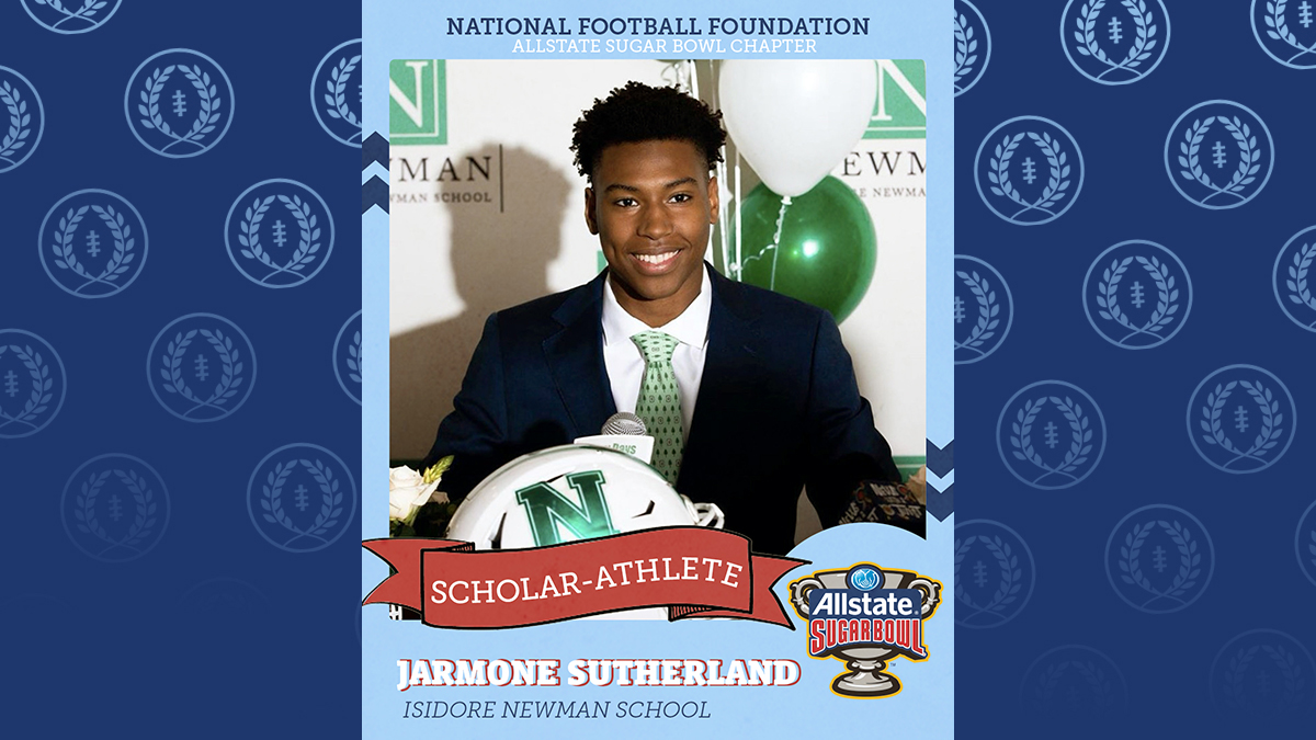 SugarBowlNola's tweet photo. WR Jarmone Sutherland is today’s #SugarBowl/NFF Scholar Athlete. 4-yr starter; team captain; district MVP; all-state; Newman career leader w/ 50 TDs; all-district punter; 4-yr lax starter; Senior Class VP; Homecoming King. Will play at Dartmouth. https://t.co/xe9nLudunV https://t.co/GcjEockLAe