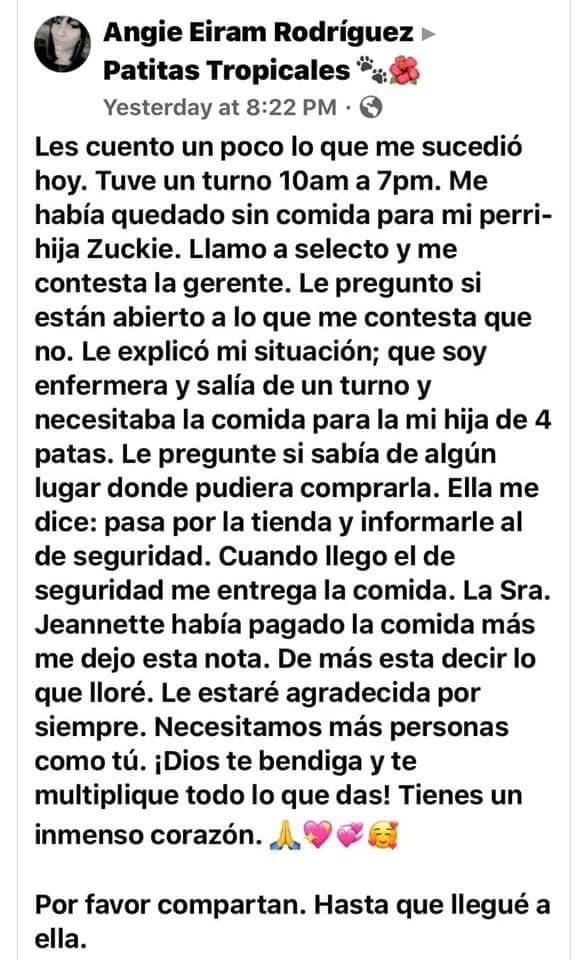sylviavcamacho's tweet photo. Los buenos somos más!!!! 🥰🥰🥰
-Lugar: Añasco 
-Fecha: 2 de mayo 
-Ella es enfermera. 👩🏻‍⚕️
-Su turno era de 10am-7pm.⏰
-No le dio tiempo a comprar la comida de su perrita (por el toque de queda)
-Llamó al supermercado y miren la respuesta👇🏼👇🏼👇🏼👇🏼🐶🐶🐶 https://t.co/wPsbuuDADO