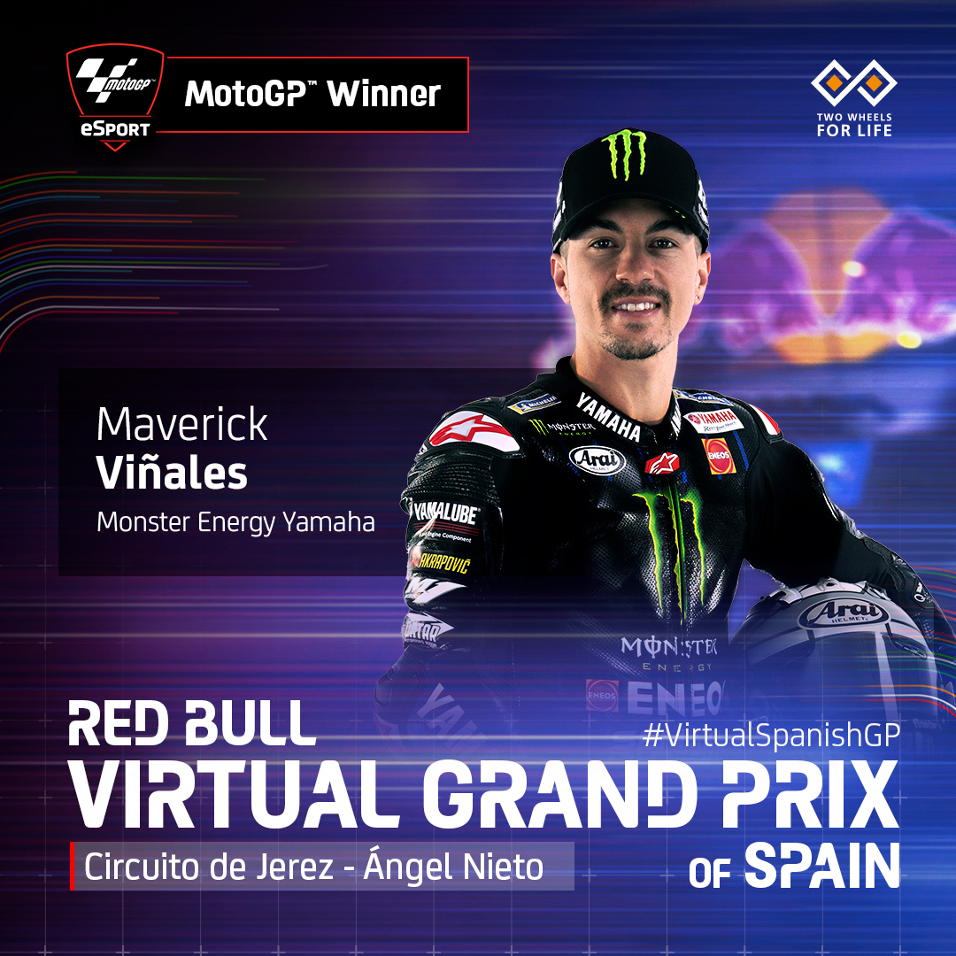 MotoGP's tweet photo. He came so close last time, but this time the glory is his! 🙌

@mvkoficial12 is your winner of the Red Bull Virtual Grand Prix of Spain! 🥇

#VirtualSpanishGP 🇪🇸 https://t.co/zhuMPEDtxD