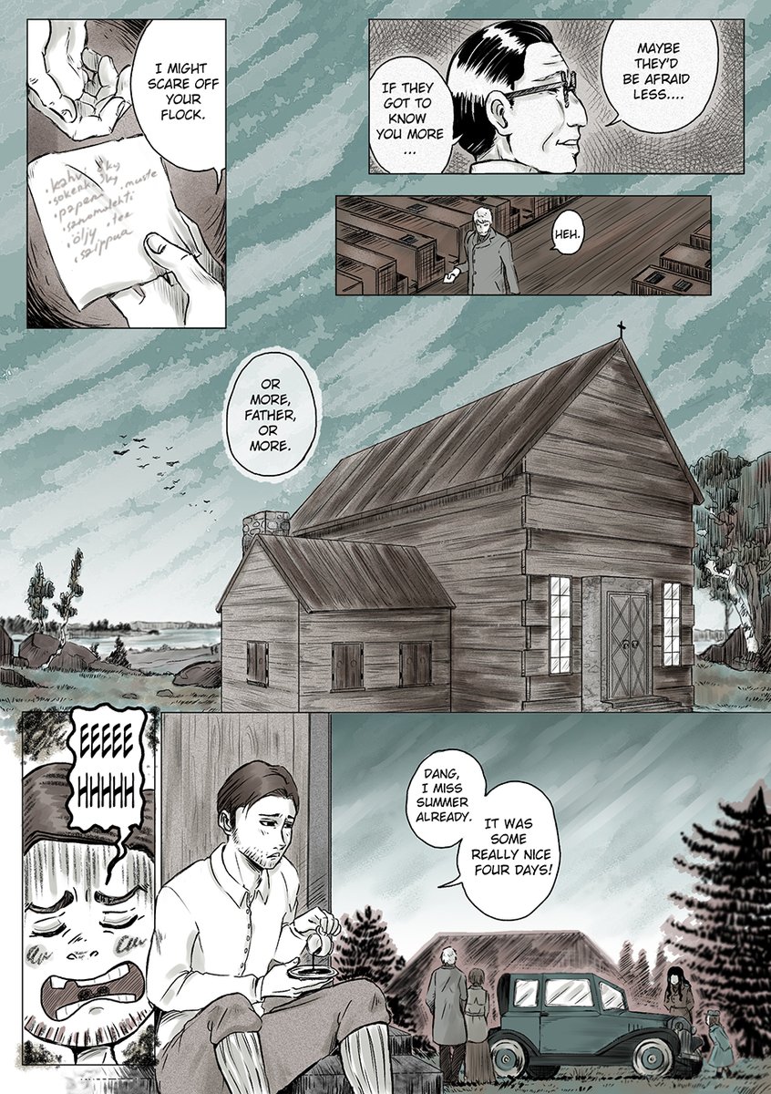 kpt_punk's tweet photo. #Merimerkki #MerimerkkiComics #meri3 This page took me soooo looong! But I like this look. Perspective and car are good thanks for @huxbun  and @pojamnik <3
These landscapes are inspirated by Fanny Churberg's paintings. Do you know, what Nikola's doing? :D https://t.co/czb5ieZwOv
