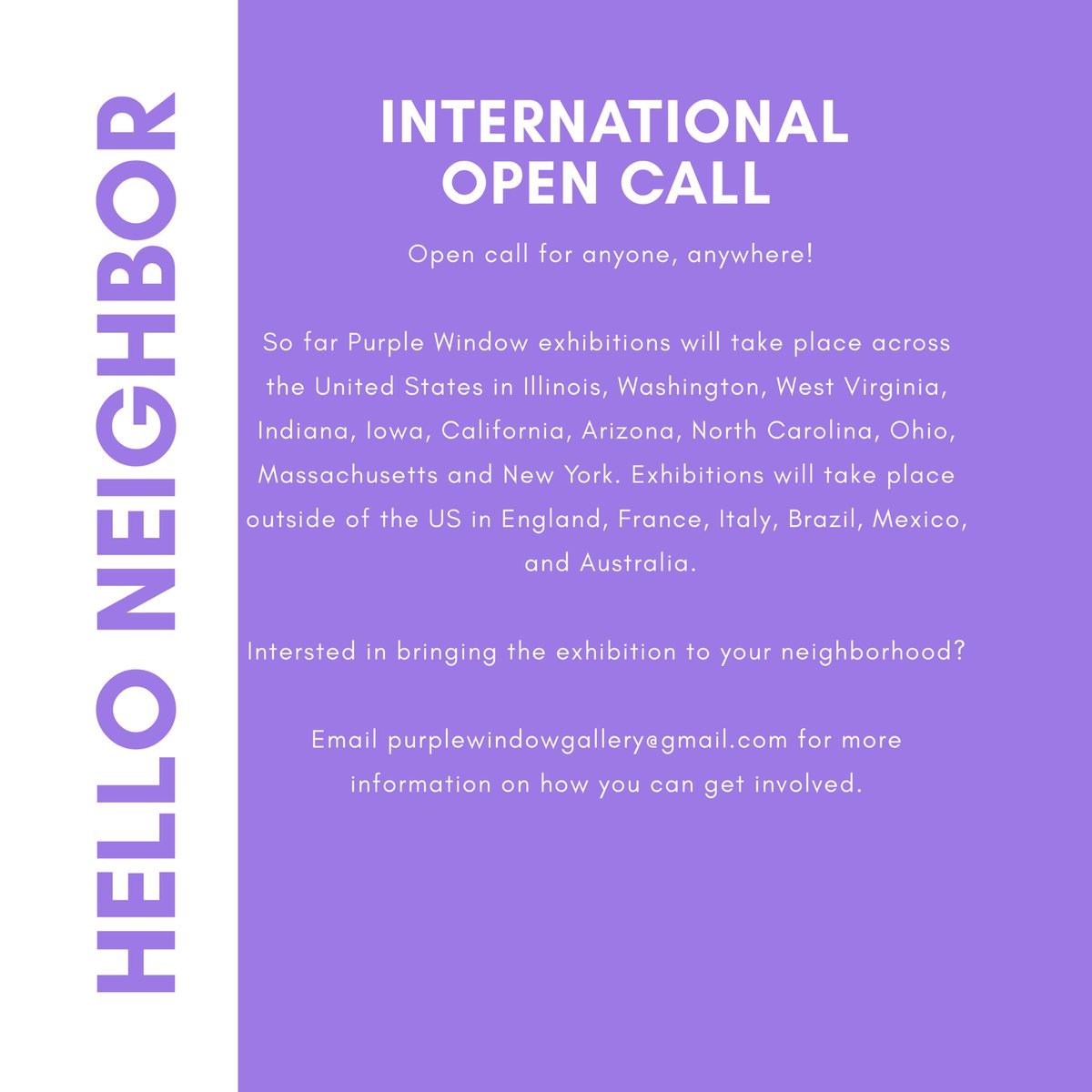 purplewindowga1's tweet photo. Purple Window invites you to take part in our public art initiative making private spaces public through works of art.  Hello Neighbor is a series of satellite exhibitions held in domestic &amp; storefront windows. Email purplewindowgallery@gmail.com for more details. https://t.co/hq9MIJC0Zs