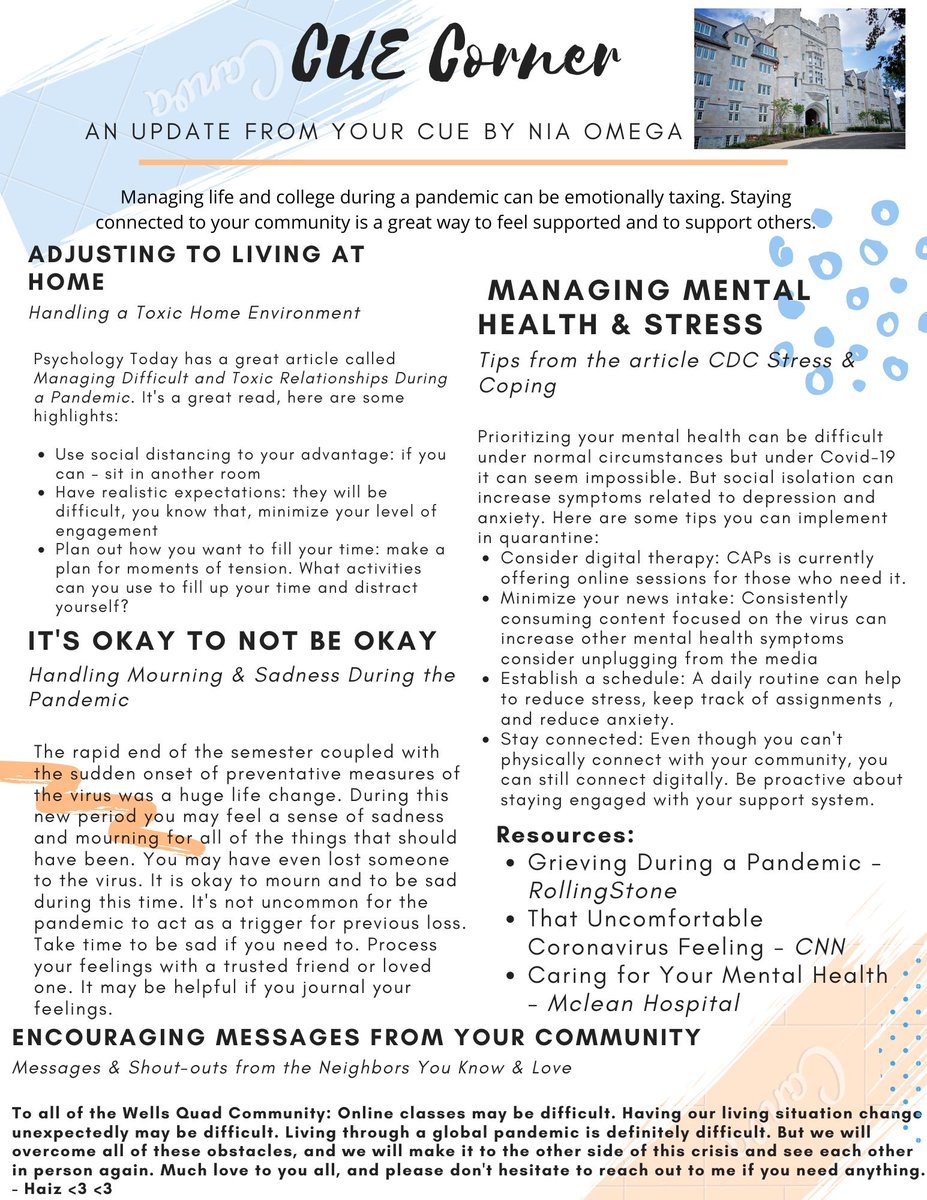 From Wells Quad CUE, Nia: Struggling through quarantine? Having trouble processing the changes surrounding the pandemic? Here is a resource that can help you identify and process through those feelings.
