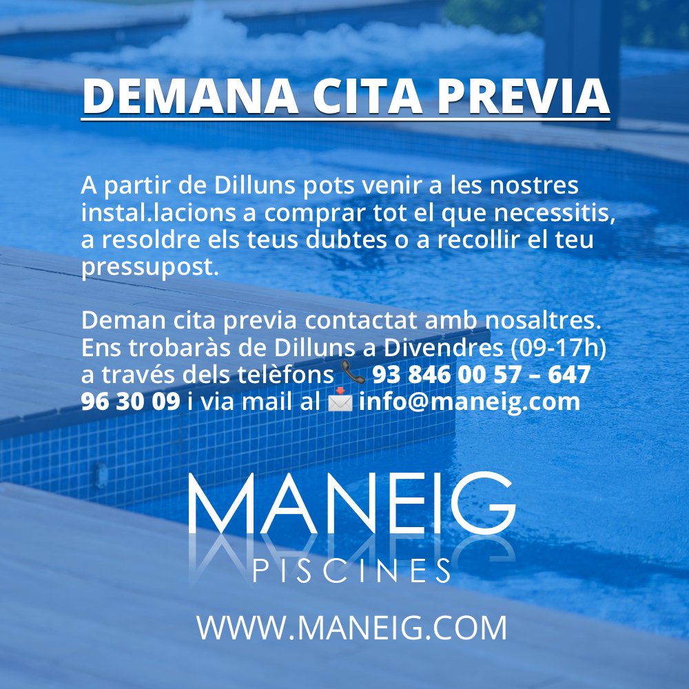 ManeigPiscines's tweet photo. ‼️📢 Recorda que a partir de Dilluns pots contactar amb nosaltres per demanar-nos Cita Previa.

✅ Més info: https://t.co/ndZJ15sItq

#piscines #piscinas #pools #pool #cardedeu #granollers #mataro #swimmingpool #barcelona #maneigpiscines  #larocadelvalles #santaagnesdemalanyanes https://t.co/eYYXPfF8O5