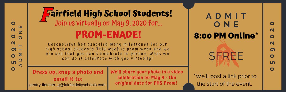 FCSDNews's tweet photo. Fairfield High School students! You are cordially invited to participate in PROM-ENADE! Dress up, snap a pic &amp; submit it to be included in a video to air May 9 (what would have been prom night). We'll share the video at 8 p.m. on social media! Staff, you too!
#FairfieldPride https://t.co/ym5Aud6SmK