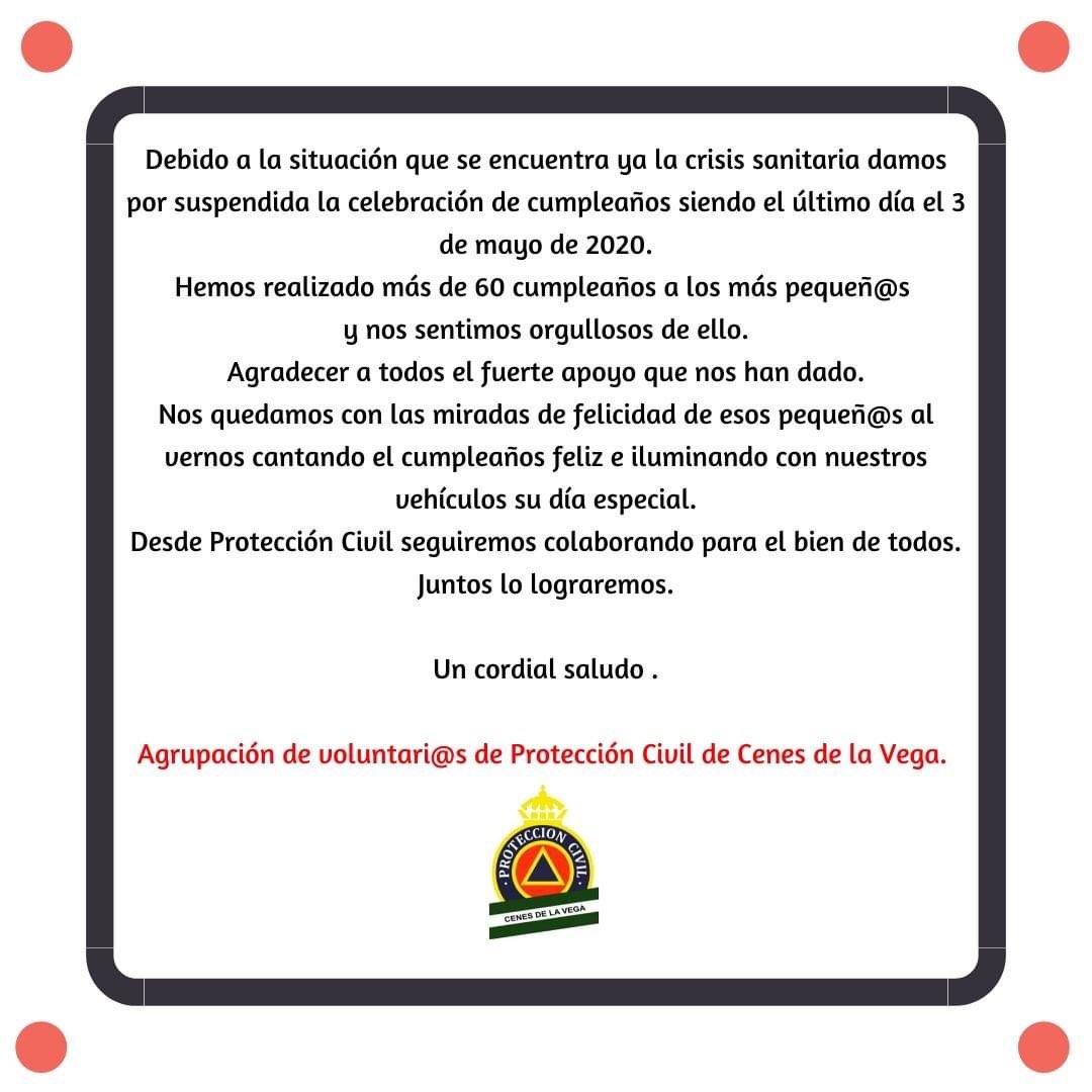 PCivilCenes's tweet photo. Debido a la situación que se encuentra ya la crisis sanitaria damos por suspendida la celebración de cumpleaños siendo el último día el 3 de mayo de 2020. Hemos realizado más de 60 cumpleaños a los más pequeñ@s y nos sentimos orgullosos de ello.
Agradecer a todos el  apoyo! https://t.co/WixuUVMlcS
