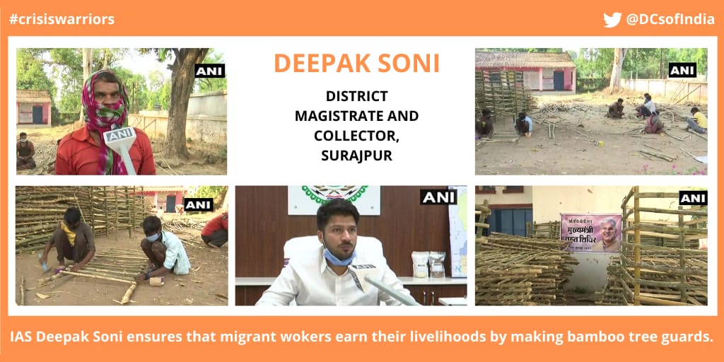 DCsofIndia's tweet photo. #IASCovidHeroes
In Surajpur, Dist Magistrate & Collector IAS @DeepakSoni_1 has introduced innovative ways to ensure livelihood for migrant workers during #lockdown.
15 workers have already earned Rs 24000 in 7 days, by making bamboo tree guards.
We salute him. 🇮🇳
#IASAtWork https://t.co/DHRKROeuJT