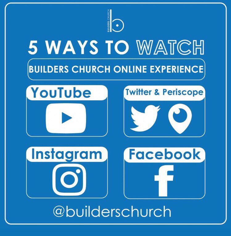 builderschurch's tweet photo. Catch the Re-Broadcast of the Builders Church Online Experience now at 6pm.
YouTube: Builders Church
Facebook: Builders Church
Twitter: @builderschurch
Periscope: @builderschurch
Instagram: @builderschurch
#unendinggrowth
#Build2.0
#Build2020
#builderschurch
#botlengcc https://t.co/2YrUS1JfsC