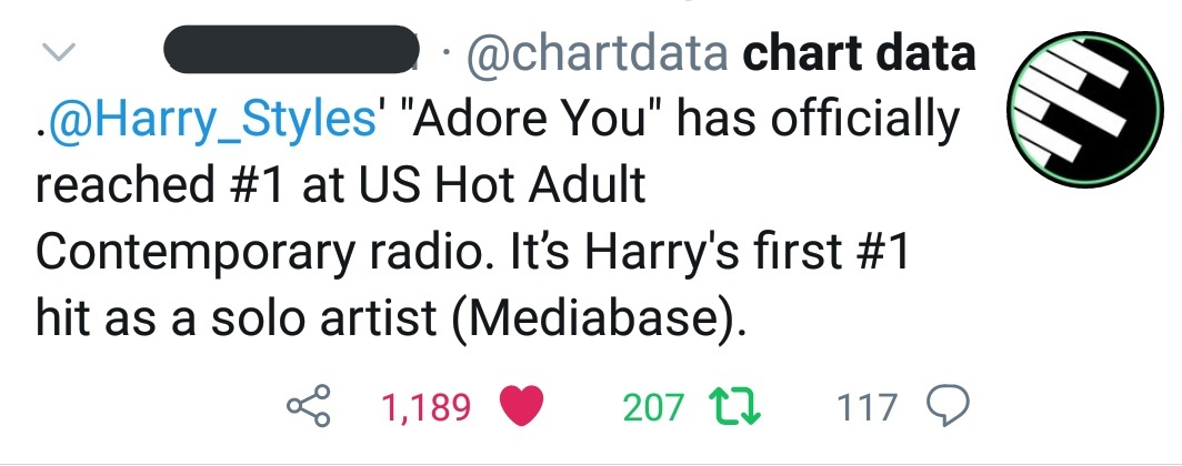 -"Adore You" has officialy reached #1 on HAC on radio FIVE months after its release! It also reached #1 on pop radio previously this year. -bonus- an article about harry having the biggest debut week in the US for a british male in Nielsen history.