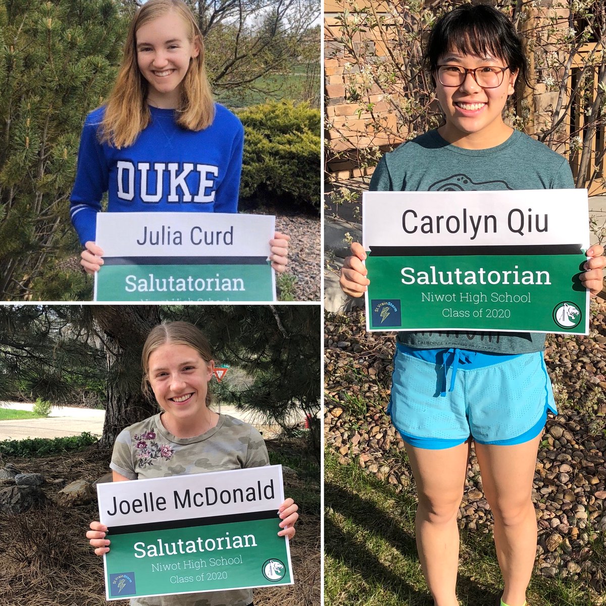 NiwotHS's tweet photo. Congratulations to Carolyn Qiu, our Traditional Salutatorian, and Julia Curd &amp; Joelle McDonald, our I.B. Co-Salutatorians!  These impressive students have shown a lot of dedication, and we are proud of them!
#StVrainStorm
#NiwotFeederStrong

@SVVSDsupt @SVVSDdeputy @SVVSD https://t.co/hKHLQDMOTN