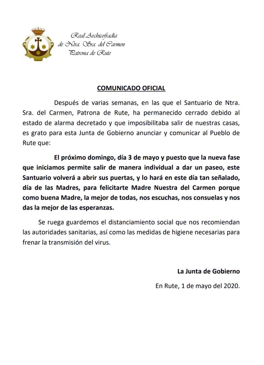 Comunicado oficial sobre la reapertura del Santuario de la Patrona ruteña.
#ruteconsupatrona
 …endelcarmenpatronaderute.blogspot.com/2020/05/el-mej…