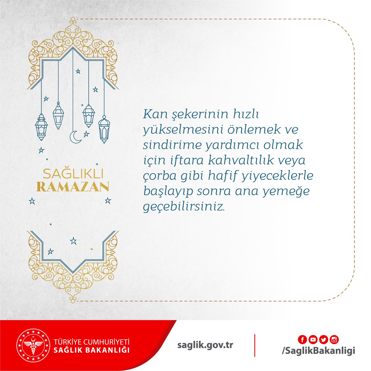 saglikbakanligi's tweet photo. Kan şekerinin hızlı yükselmesini önlemek ve sindirime yardımcı olmak için iftara kahvaltılık veya çorba gibi hafif yiyeceklerle başlayıp sonra ana yemeğe geçebilirsiniz. #SağlıklıRamazan https://t.co/8qbFTfZd9t