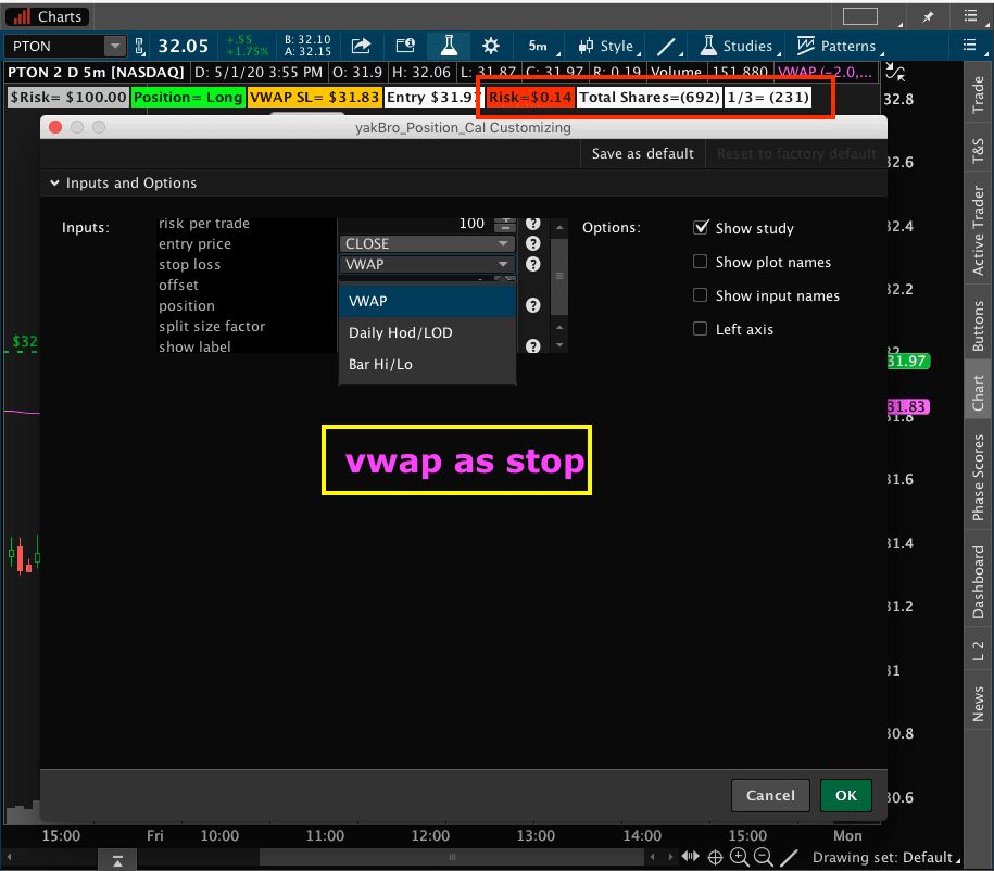 yakbrodev's tweet image. ultimate position position Calculator for TOS
for intraday: stop as (hod, lod, vwap , current bar, previous bar) 
daily Chart: stop as high/low of ( current bar or previous bar)

Will be Free! if: 
100+ likes &amp;amp; 100+ retweets 
OR giveaway to a (random retweets person  )