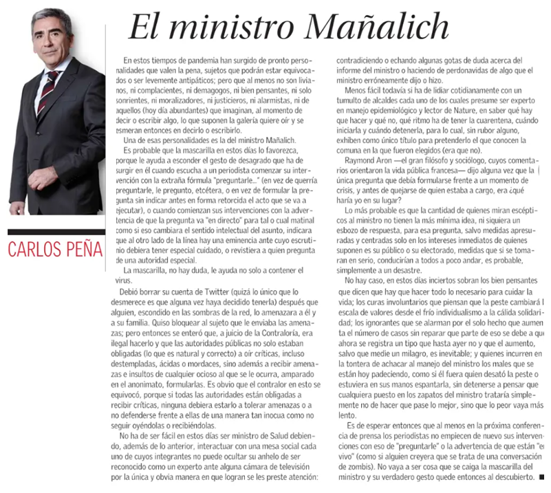 MauricioRojasmr's tweet photo. Merecido elogio a un gran ministro: Jaime Mañalich.
"No ha de ser fácil ser ministro de Salud en estos días en que los bien pensantes abundan, los expertos congestionan los matinales, los alcaldes saben epidemiología y los conductores televisivos aliñan el pánico." https://t.co/4BjE67noTf