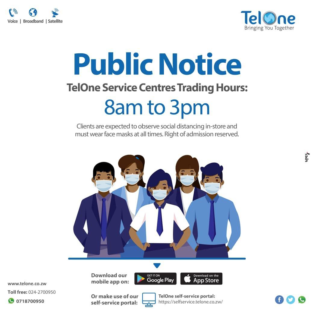 TelOneZW's tweet photo. Public Notice: Starting tomorrow TelOne Service Centres will be open from 8am to 3pm.                      

Clients are expected to observe social distancing in-store and wear face masks at ALL times. 

Right of admission reserved #StaySafe https://t.co/985BDoCCUU