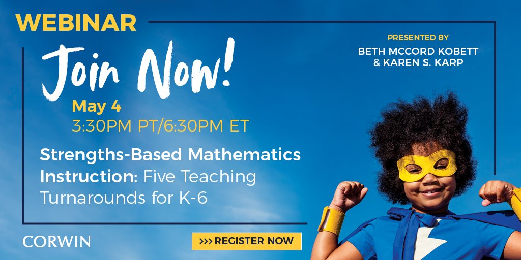 CorwinPress's tweet photo. Today is your last chance to register for the webinar tomorrow with @bkobett and @ksquaredmath1 on how to teach using #strengthsbasedmath |#math #growthmindset
Register:https://t.co/1fpWQjP2mN https://t.co/90PkiKWEuC