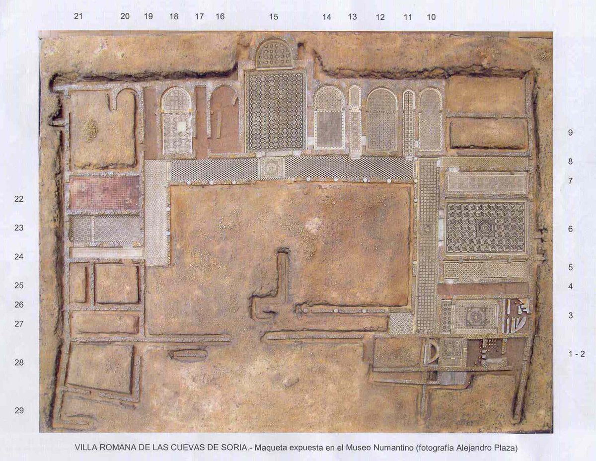 rubsmontoya's tweet photo. The 4th c. AD #Roman villa of La Dehesa in Cuevas de #Soria had a residential area with at least 30 spaces, 11 of them with #apses, and was richly paved with #mosaics. The repetition of one motif in the mosaics, also marking the access to the largest space in the villa, ... (1/3) https://t.co/d19rqUU4FV