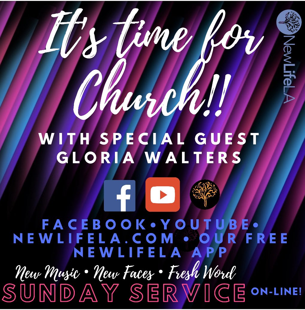 NewLifeLA's tweet photo. Happy Sunday! It’s time for church so head over to Facebook, YouTube, https://t.co/gM7bFyb5Pm, or our free NewLifeLA App for praise and worship with special guest @glo_nthedark (Gloria Walters), communion, see what your fellow newlifers are up to and get an encouraging word. https://t.co/kRIjTp0pZ3