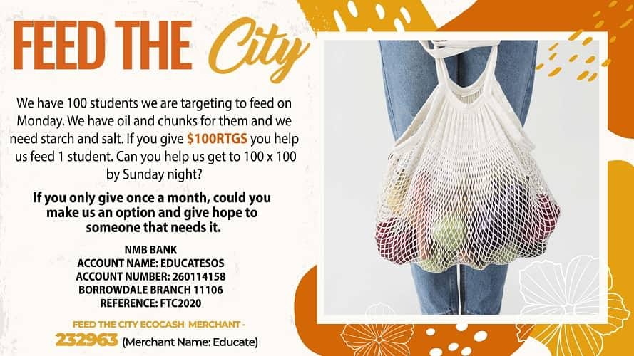 Help us provide meals for a 100 students who have been locked down in Bulawayo.
But here is the real challenge! We need the meals by tomorrow! We can do this, with your help💪
#lockdown2020 #donatetoday #foodsecurity #coronavirus #feedthecity  #urbanfoodrelief #urbanfoodsecurity