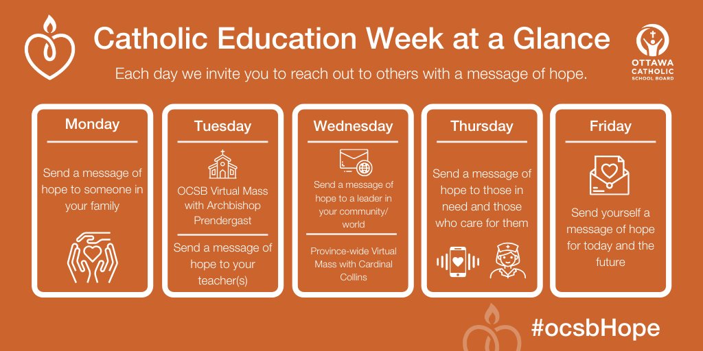 OttCatholicSB's tweet photo. We're celebrating Catholic Education Week virtually! Join us in daily activities and reflections! Share how you are Igniting Hope by using ➡️ #ocsbHope 🧡🕯️🙏
https://t.co/65CW5z4KgL
#CEW2020 #IgnitingHope #ocsbBeCommunity https://t.co/8sJ0LuXyB3