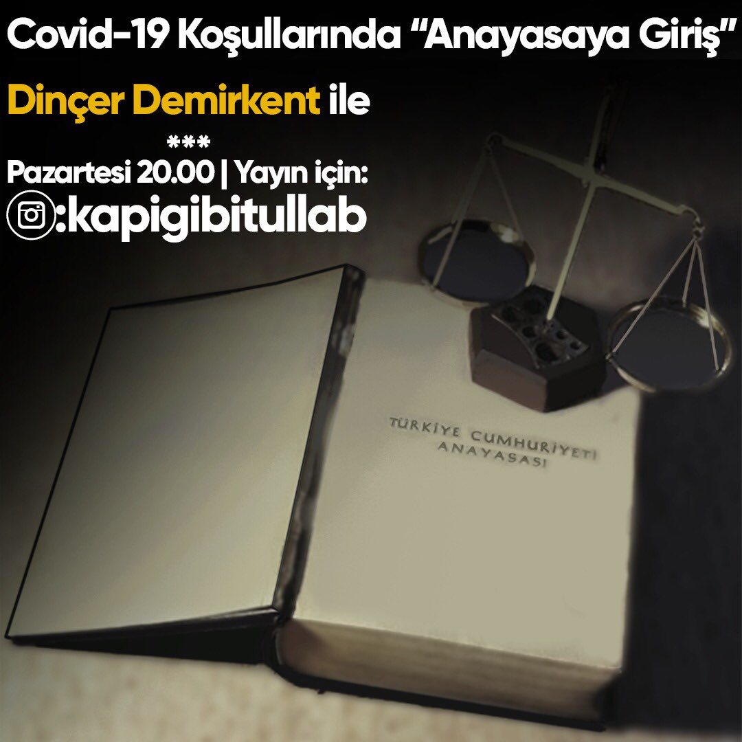 4 Mayıs Pazartesi saat 20.00’de Dinçer Demirkent hocamız ile gerçekleştireceğimiz “Covid-19 Koşullarında Anayasaya Giriş” başlıklı söyleşimize tüm tüllabı ve ilgilenen herkesi bekliyoruz.