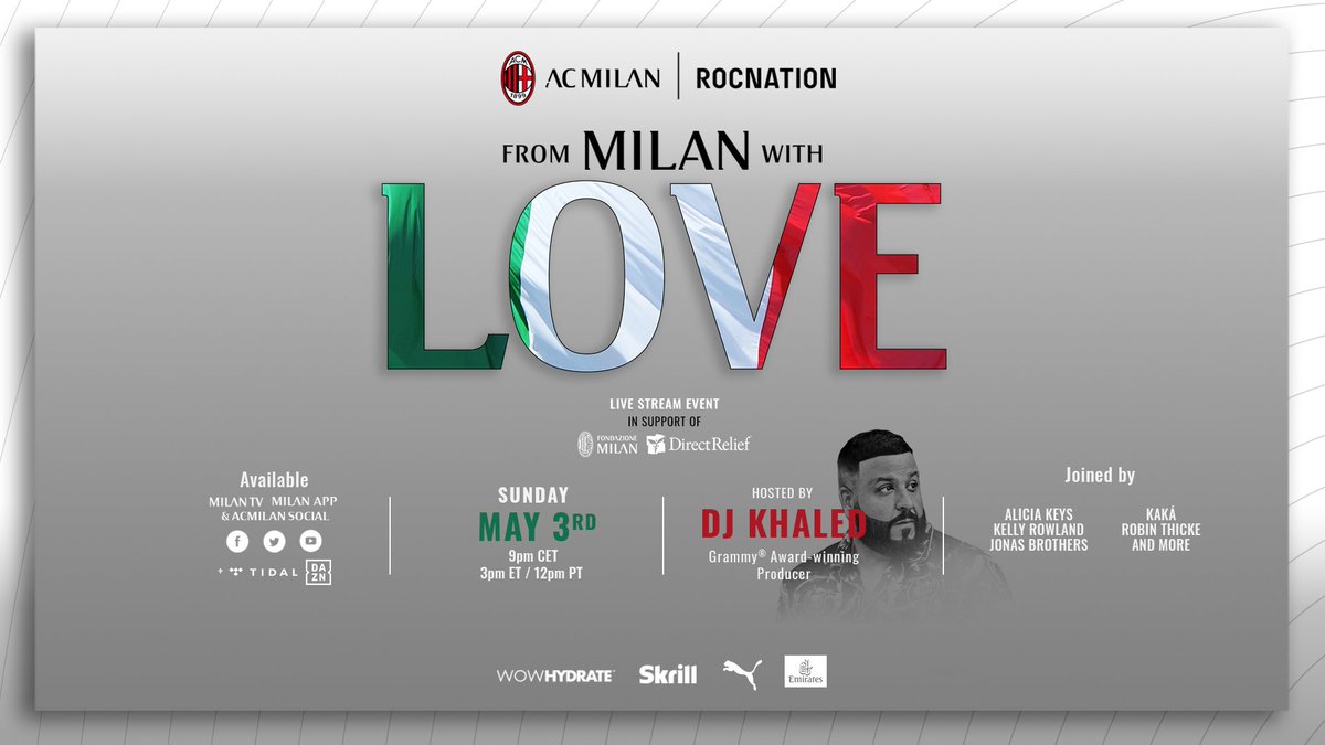 FerrarisJewels's tweet photo. “This Sunday at 21.00 CET is #FromMilanWithLove, the special event organized by @acmilan and @rocnation to thank everyone who is fighting on the frontline at this difficult moment and to raise funds for #FondazioneMilan and @DirectRelief 💕🎶

#FromMilanWithLove https://t.co/JOPtU9Z3Jb
