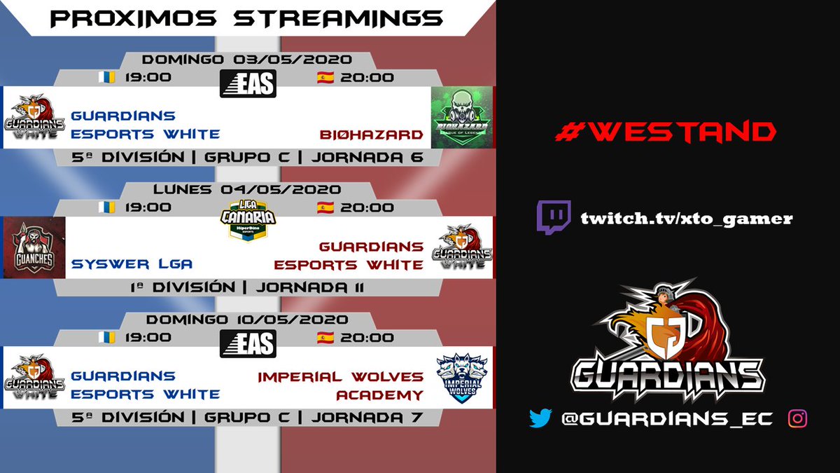Guardians_EC's tweet photo. 📢 ¡ 6ª Jornada de la @EASspain !

@Guardians_EC White 🆚 @Biohazard_lol

🏆 @CasterSnap
🏆 @iv_lemon
🏆 @EguibarGillen
🏆 #Tana_uzu
🏆 #Knify 
🏆 @RDisruptor

🖥Stay tuned: https://t.co/b7VYnFy5Zs
19:00 🇮🇨 / 20:00 🇪🇸

#westand #LeagueOfLegends

#QuedateEnCasa https://t.co/6d9yAuEvSe