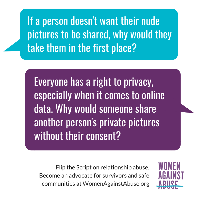 WomenAgnstAbuse's tweet photo. Sharing private pictures is one way many couples express love when they're apart, even during #COVID19. But when someone distributes private pictures online, via email or by text message without their partner's consent, that's sexual violence.

Help us #FlipTheScript on abuse! https://t.co/QyRJKLbSOn