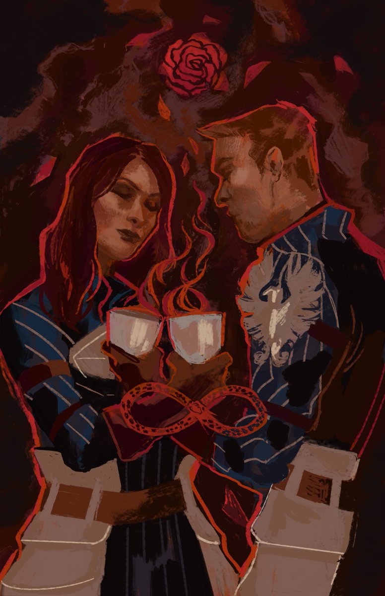 A tarot card of my Cousland and Alistair as the two of cups/The Joining by  @miavern