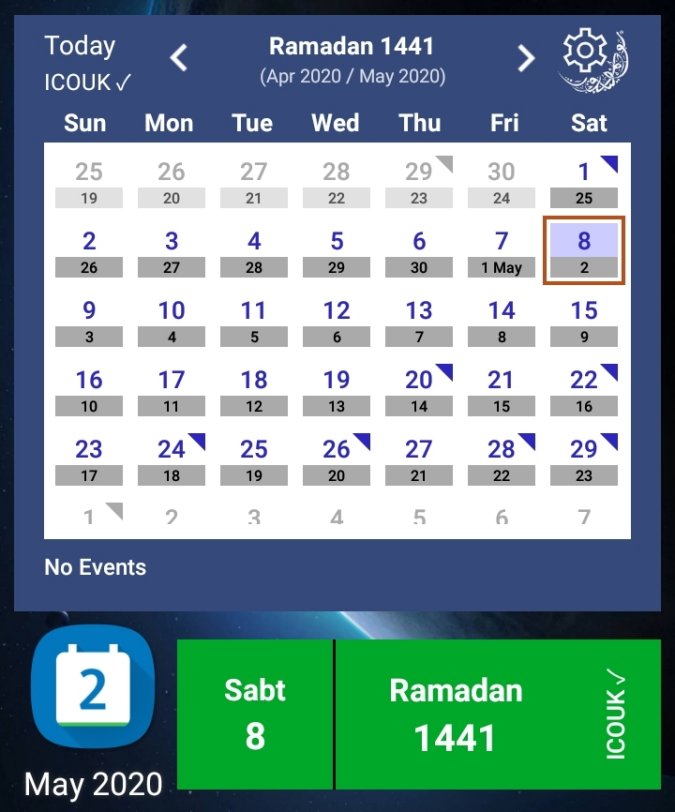 ICOUK's tweet photo. Hijri Calendar Widgets based on Moon Sighting: Here is a Ramadan Gift for you. A Hijri Calendar based on actual Moon Sighting to keep tracking of fasting. They are a gift for you because they are free of charge and without any adverts! #ICOUK https://t.co/yYRSfXMY0m