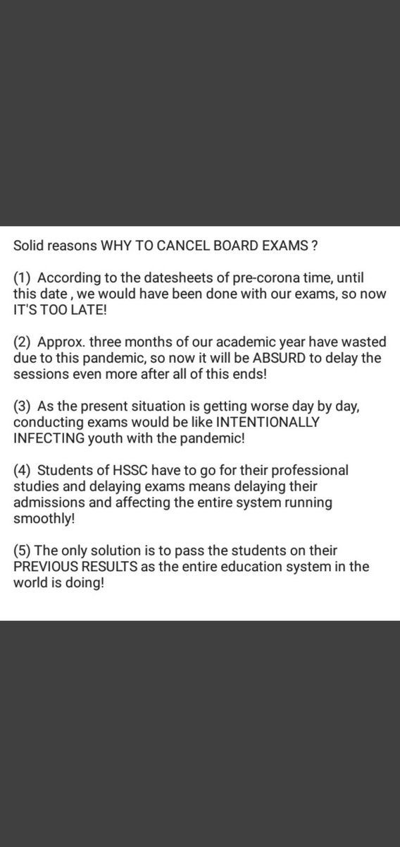 Ahmadhusaam1's tweet photo. Some solid reasons to call off board exams
#CallOfBoardExams https://t.co/jm8jmAtdHW