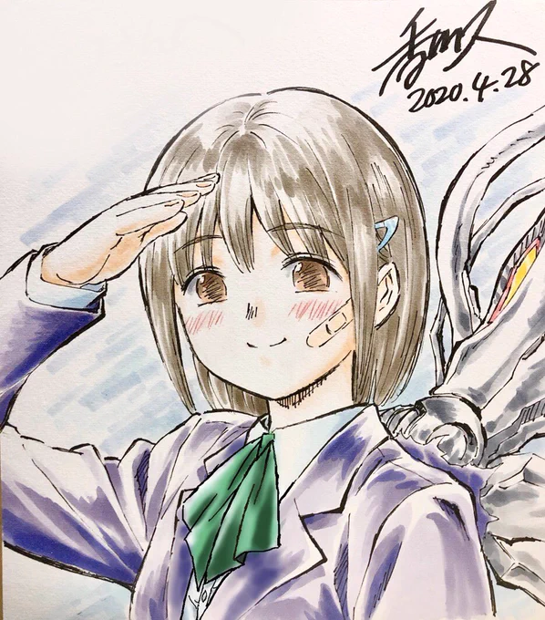 お世話になった人へのお礼にこないだ送ったイラストなんだけど…もうすっかり描き方忘れててあまり似てない上にリボンじゃなくてネクタイで描いちゃったのに後で気付いて?スキャンしたデータだけ雑に直したりして…?
まぁ…お裾分けにでも? 