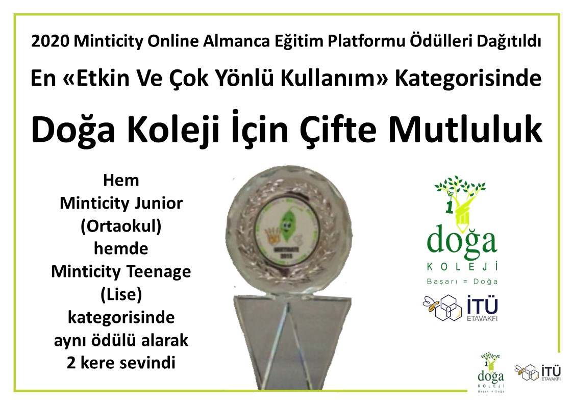 2020 Minticity Online Almanca Eğitim Platformu Ödülleri Dağıtıldı. Yaklaşık 500 Özel Okul Arasından. "En Etkin Ve Çok Yönlü Kullanan" Okul Kategorisinde, Doğa Koleji İçin Çifte Mutluluk. <a href="/DogaOkullari/">Doğa Koleji</a> <a href="/AliRizaLule/">Ali Rıza Lüle</a> #DogadaAlmanca