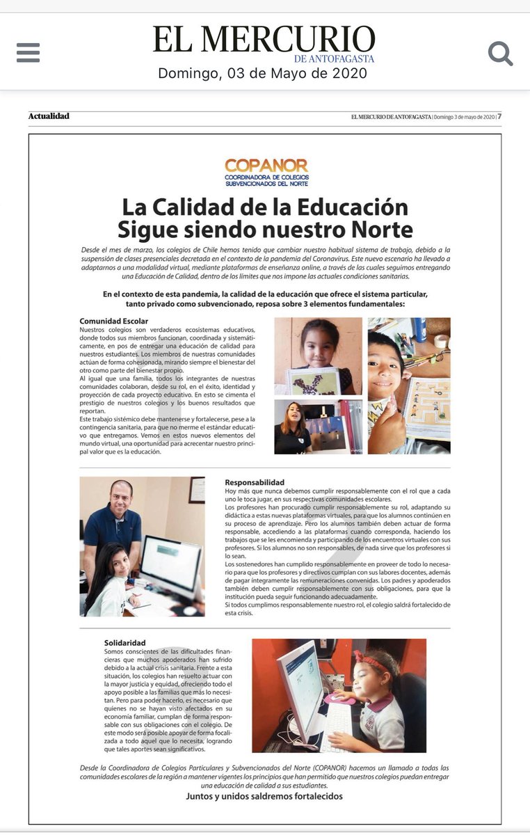 Las comunidades escolares, actuando responsable y solidariamente, saldrán exitosas de esta crisis