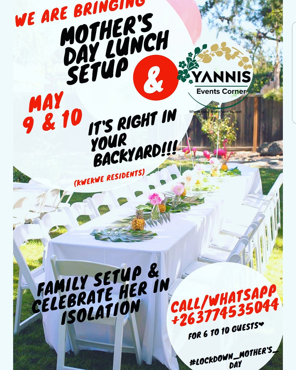 CornerYanni's tweet photo. @iMisred Are you in Kwekwe and do you want to treat your mum or wife to a lockdown lunch right in your backyard? We are here to set it up for you! @CornerYanni . +263774535044 for more info

#RedMarketSunday 
#LockdownZim 
#MothersDay 
#backyardlunch https://t.co/Ye2WlP08mG