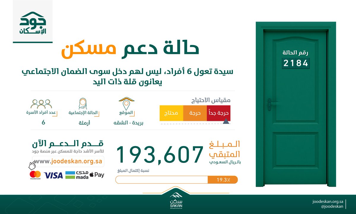 وأنت في بيتك وبين عائلتك...لا تنسهم من خير أعمالك.

بالقليل، تسهم في إيواء هذه "الأم" وأبناءها الأيتام الـ 6 وتحقيق استقرارهم.

قدم عطاءك من هنا:
⁦joodeskan.org.sa/systems/jood/o…⁩

⁧#كل_يوم_بيت