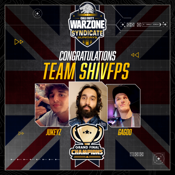Syndicate's tweet photo. We just witnessed the greatest set of games in #Warzone history! 

Congratulations #TeamShivFPS 
@ShivFPS @Jukeyz @theGaGOD 

Together they win the $50,000 1st place prize of the #SyndicateSundays tournament! 

GG's to everyone who took part 💙

BUT THE UK ARE SUPERIOR! 🇬🇧 https://t.co/CsG8OAffT5