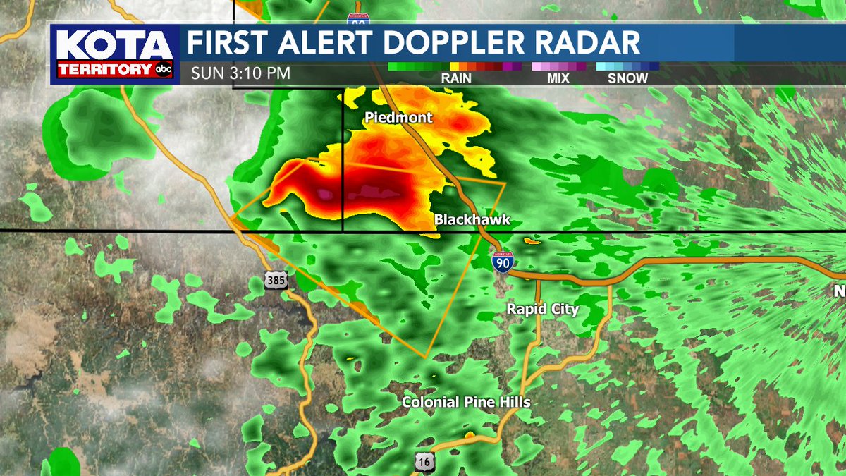 KOTAWeather's tweet image. A SEVERE THUNDERSTORM WARNING is in effect for Lawrence, Meade &amp;amp; Pennington counties until 3:45PM. This storm will likely have wind gusts up to 60 mph &amp;amp; ping pong ball sized hail (1.5" diameter). Areas impacted include Summerset, Johnson Siding, &amp;amp; Black Hawk #sdwx #KOTAWeather