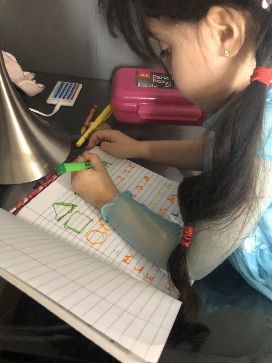 MsGlozano's tweet photo. Leah is working hard tracing her shapes and letters! Great job Leah! @Ms_Ali_PreK #remotelearning https://t.co/3Q8TeY7I6h
