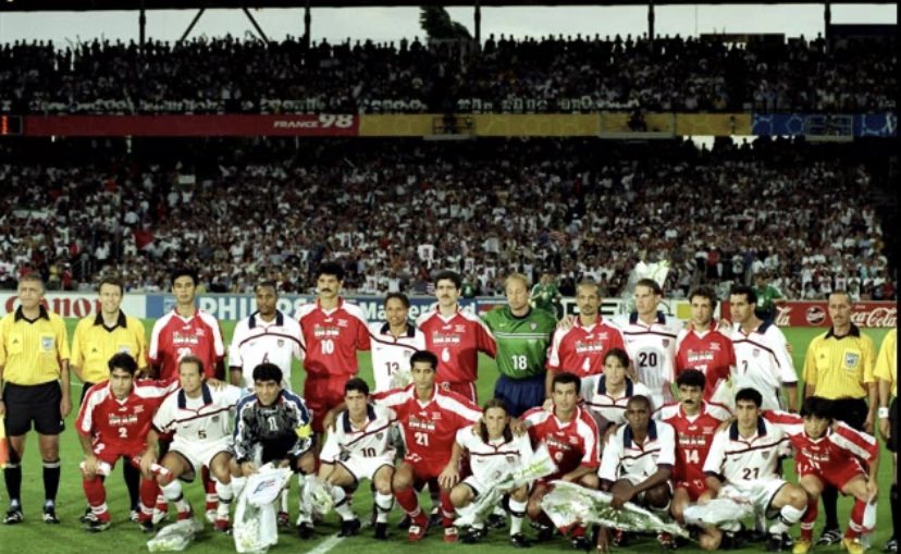 worldcupspirits's tweet photo. #France98 la photo d’avant-match des deux équipes #USA 🇺🇸 #Iran 🇮🇷, en phase de poule. 21 juin, Stade de Gerland,Lyon. https://t.co/R5MAW7STS0