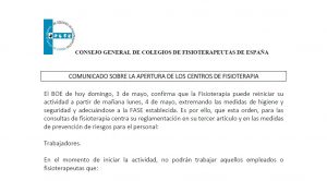 COMUNICADO CGCFE SOBRE LA APERTURA DE LOS CENTROS DE FISIOTERAPIA (3-05-2020)
Leer más en la web del Ilustre Colegio Oficial de Fisioterapeutas de la Región de Murcia - cfisiomurcia.com/comunicado-cgc…