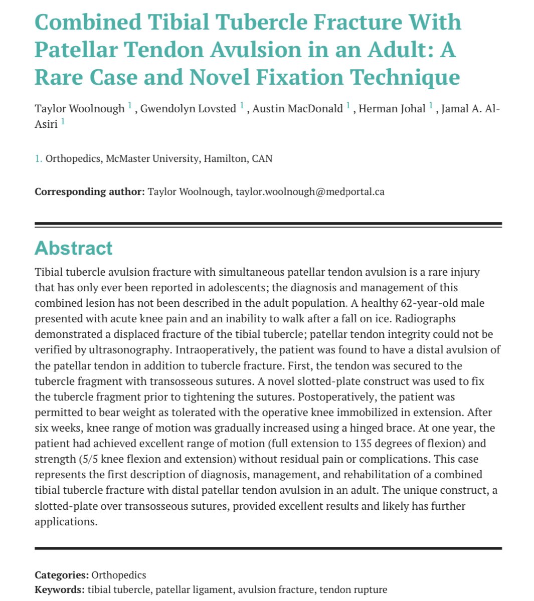 orthomac92's tweet photo. Rare case of ipsilateral tibial tubercle fracture and patellar tendon avulsion. Cool case and case report with @hermanjohal and @JAMALALASIRI1
@mac_ortho https://t.co/1F7mXWhT8H