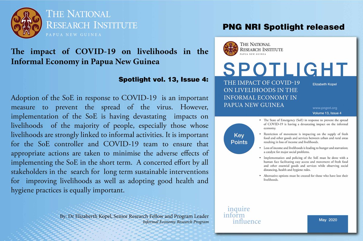pngnri's tweet photo. @pngnri LATEST #PUBLICATION: The #impact of #COVID_19 on #livelihoods in the #informal #economy in Papua New Guinea @ElizabethKopel https://t.co/lZCjcSkLlv

#publication #thinktank #research #covid19 #policy #livelihood #informaleconomy #economy #food #services #income #hunger https://t.co/nbakI74Qx6